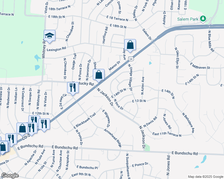 map of restaurants, bars, coffee shops, grocery stores, and more near 1413 North Inca Drive in Independence