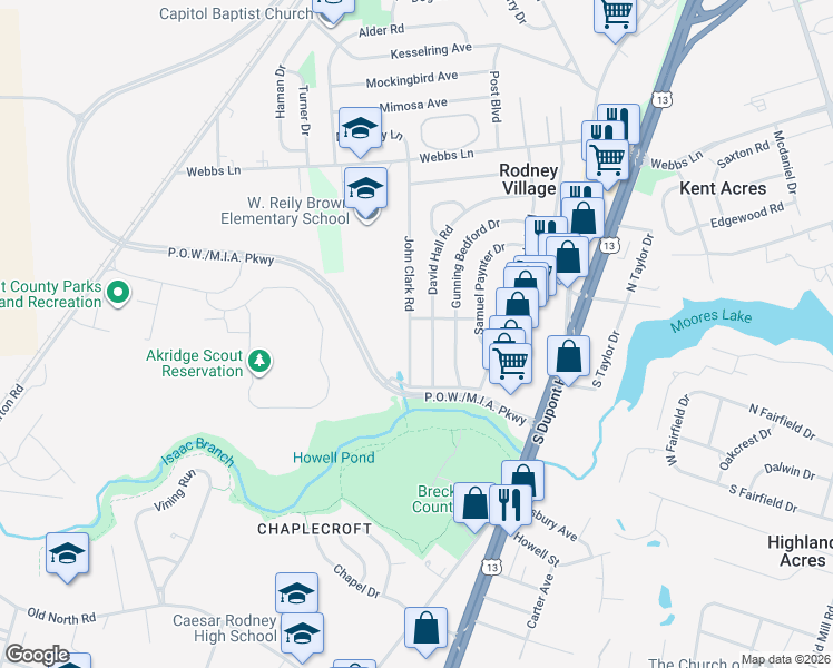 map of restaurants, bars, coffee shops, grocery stores, and more near 1569 John Clark Road in Dover