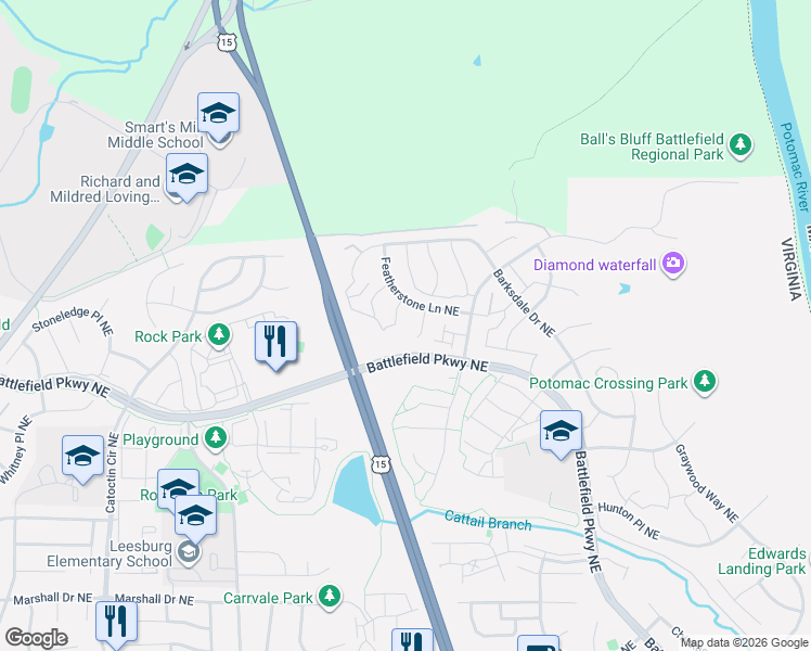 map of restaurants, bars, coffee shops, grocery stores, and more near 108 Bugle Court Northeast in Leesburg