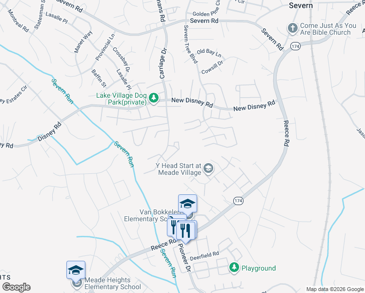 map of restaurants, bars, coffee shops, grocery stores, and more near 7840 Canter Court in Severn