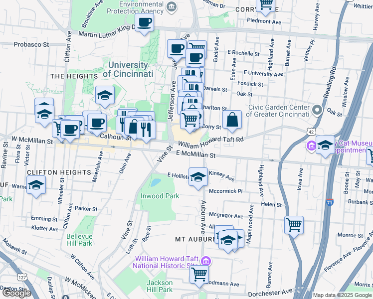 map of restaurants, bars, coffee shops, grocery stores, and more near 31 William Howard Taft Road in Cincinnati