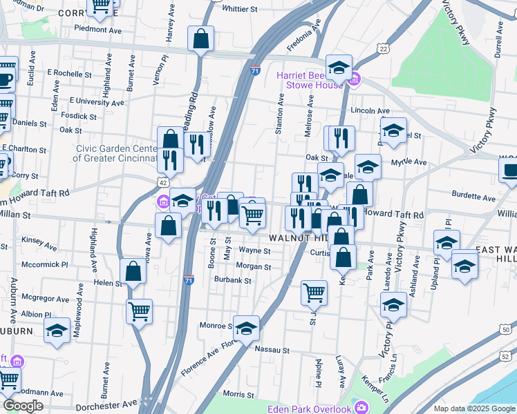 map of restaurants, bars, coffee shops, grocery stores, and more near 2538 Hemlock Street in Cincinnati