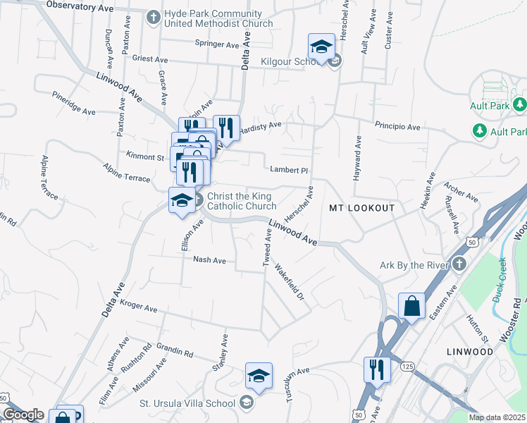 map of restaurants, bars, coffee shops, grocery stores, and more near 1302 Herlin Place in Cincinnati