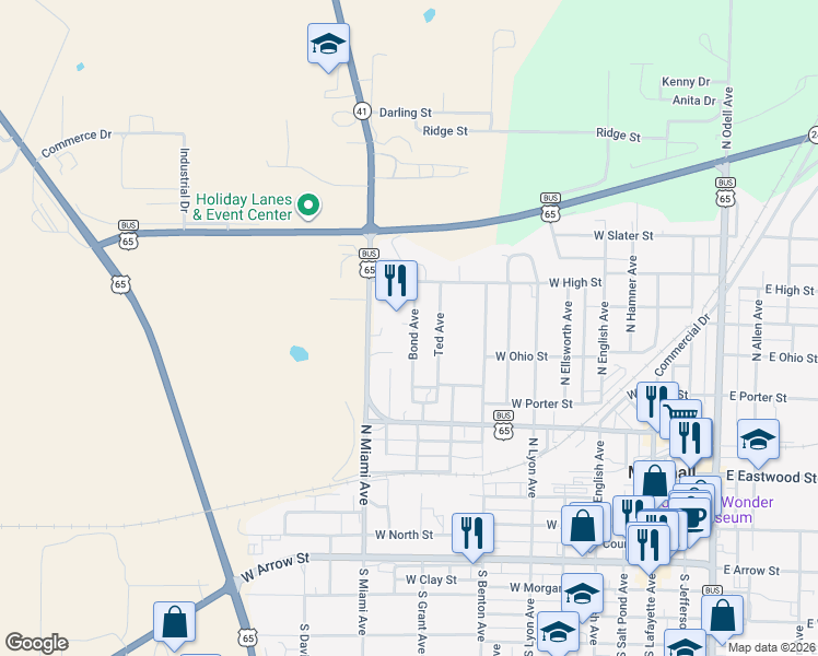 map of restaurants, bars, coffee shops, grocery stores, and more near 623 Bond Avenue in Marshall