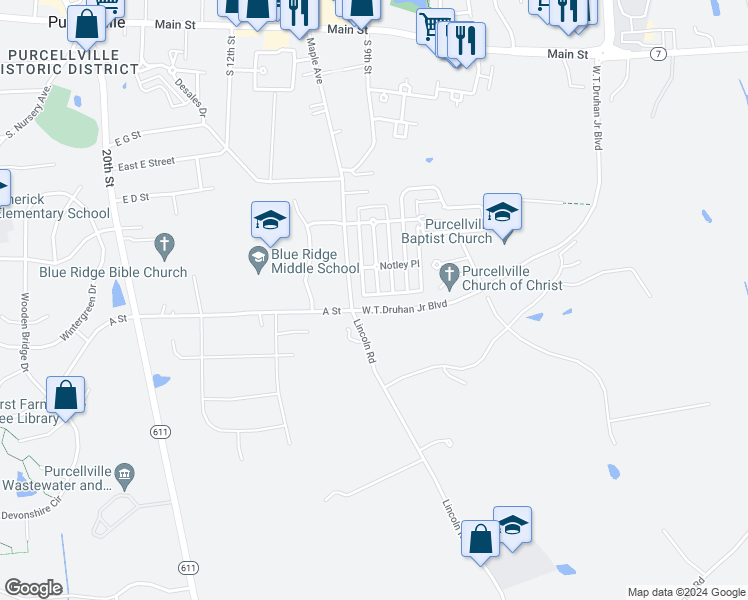 map of restaurants, bars, coffee shops, grocery stores, and more near 702 Irvine Bank Lane in Purcellville