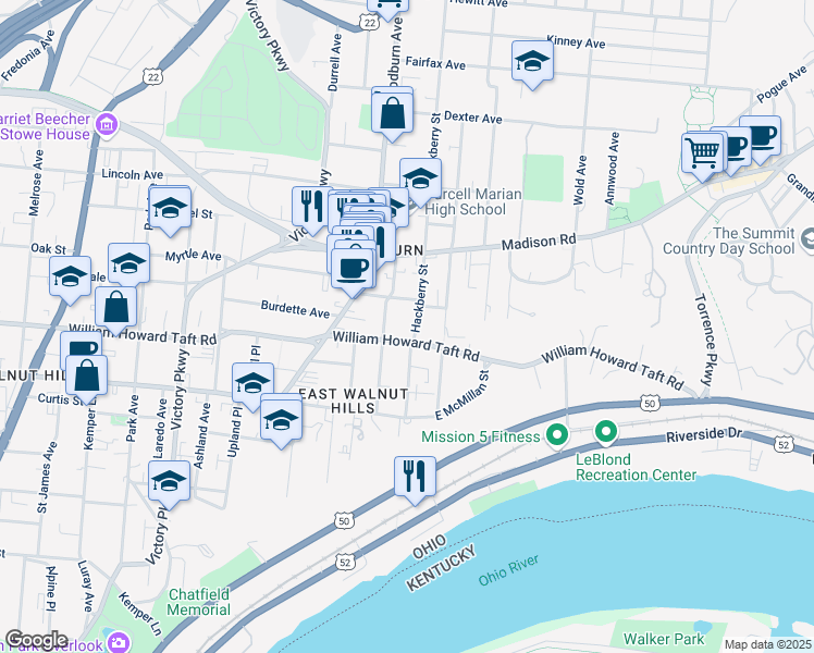 map of restaurants, bars, coffee shops, grocery stores, and more near 2613 Hackberry Street in Cincinnati