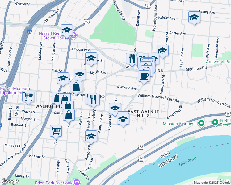 map of restaurants, bars, coffee shops, grocery stores, and more near 1328 William Howard Taft Road in Cincinnati