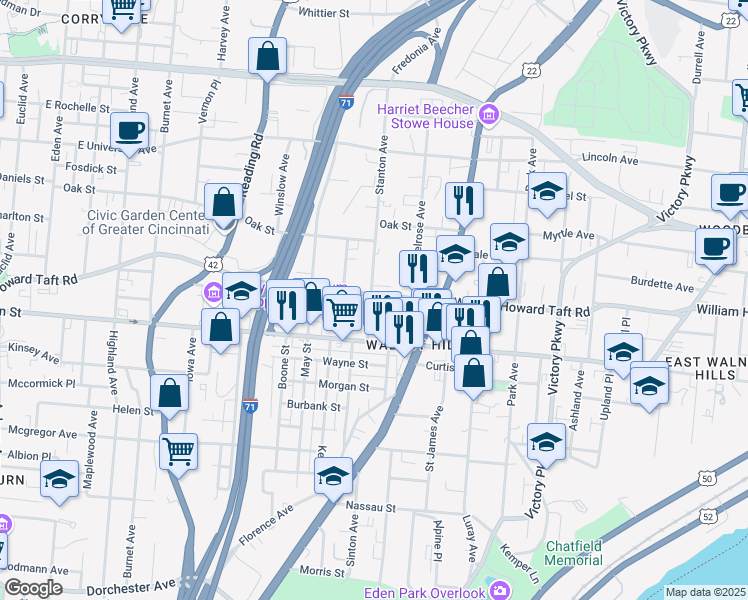 map of restaurants, bars, coffee shops, grocery stores, and more near 801 William Howard Taft Road in Cincinnati