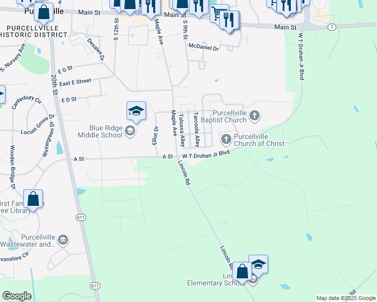 map of restaurants, bars, coffee shops, grocery stores, and more near 702 Irvine Bank Lane in Purcellville