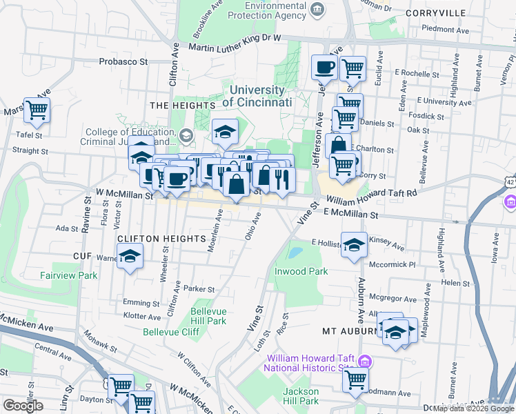 map of restaurants, bars, coffee shops, grocery stores, and more near in Cincinnati