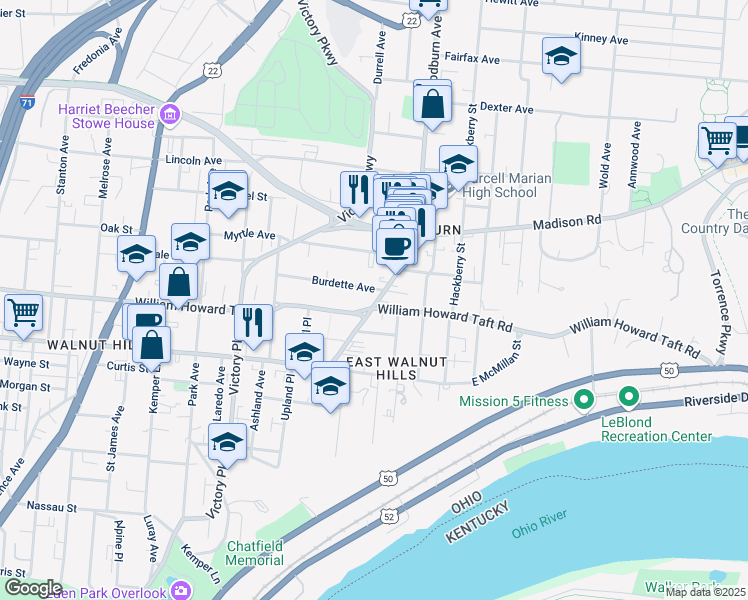 map of restaurants, bars, coffee shops, grocery stores, and more near 2609 Woodburn Avenue in Cincinnati