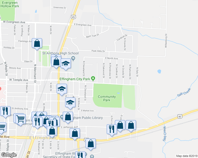 map of restaurants, bars, coffee shops, grocery stores, and more near 704 N Glenwood St in Effingham