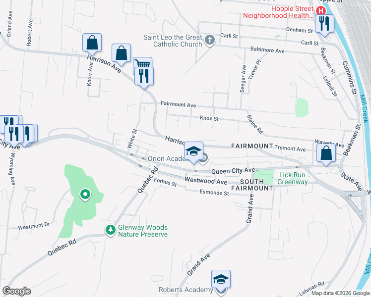 map of restaurants, bars, coffee shops, grocery stores, and more near 1809 Harrison Avenue in Cincinnati