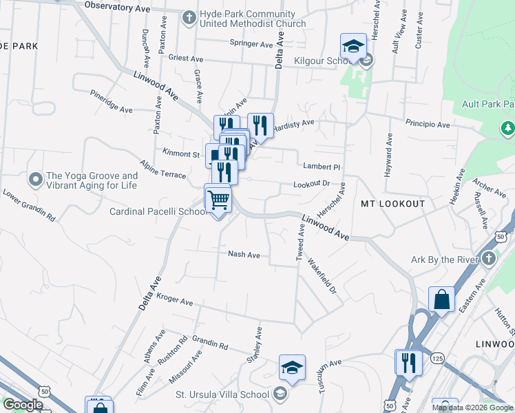 map of restaurants, bars, coffee shops, grocery stores, and more near 3246 Linwood Avenue in Cincinnati