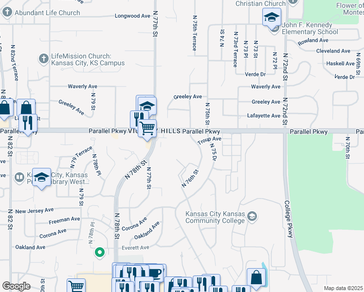 map of restaurants, bars, coffee shops, grocery stores, and more near 7601 Parallel Parkway in Kansas City