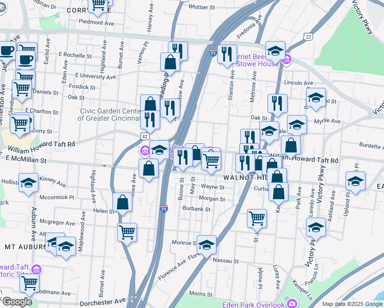 map of restaurants, bars, coffee shops, grocery stores, and more near 664 Crown Street in Cincinnati