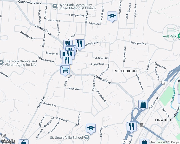 map of restaurants, bars, coffee shops, grocery stores, and more near 1298 Herlin Place in Cincinnati