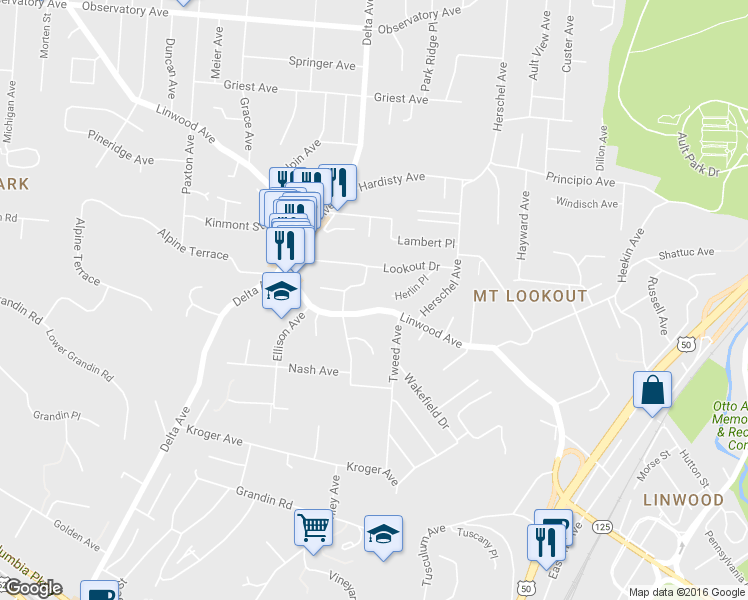 map of restaurants, bars, coffee shops, grocery stores, and more near 1302 Herlin Place in Cincinnati