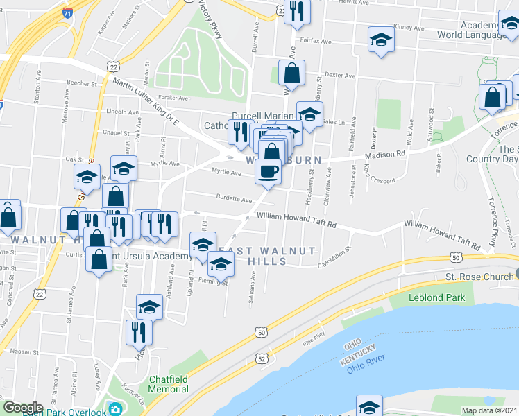 map of restaurants, bars, coffee shops, grocery stores, and more near 2609 Woodburn Avenue in Cincinnati
