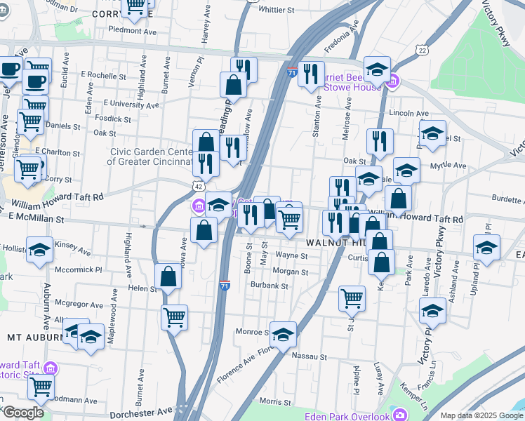 map of restaurants, bars, coffee shops, grocery stores, and more near 664 Crown Street in Cincinnati