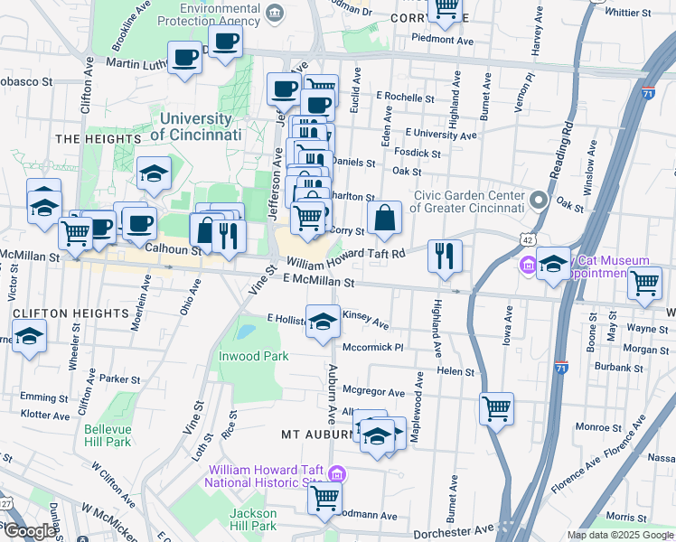 map of restaurants, bars, coffee shops, grocery stores, and more near 2508 Auburn Avenue in Cincinnati