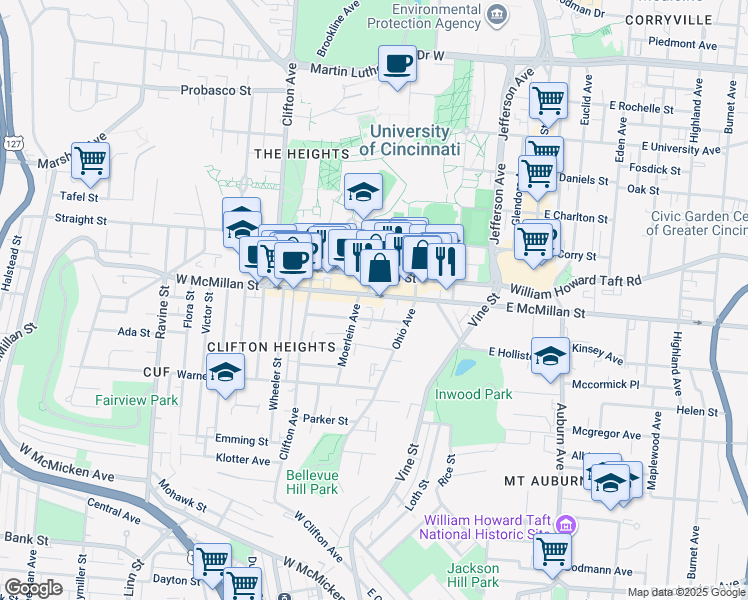 map of restaurants, bars, coffee shops, grocery stores, and more near 107 West McMillan Street in Cincinnati