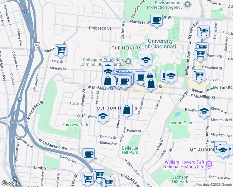 map of restaurants, bars, coffee shops, grocery stores, and more near 2377 Wheeler Street in Cincinnati
