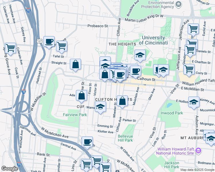 map of restaurants, bars, coffee shops, grocery stores, and more near 2374 Chickasaw Street in Cincinnati