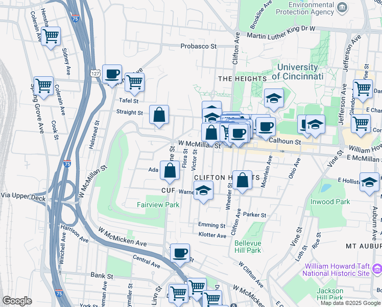 map of restaurants, bars, coffee shops, grocery stores, and more near 2372 Victor Street in Cincinnati