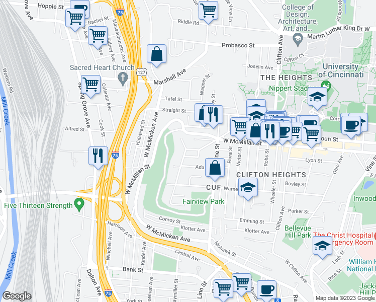 map of restaurants, bars, coffee shops, grocery stores, and more near 2430 Fairview Avenue in Cincinnati