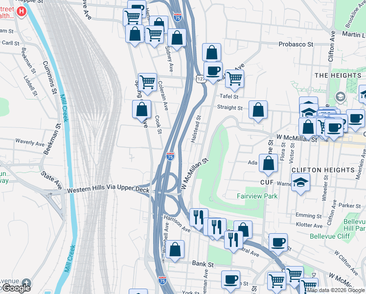 map of restaurants, bars, coffee shops, grocery stores, and more near 2507 Halstead Street in Cincinnati