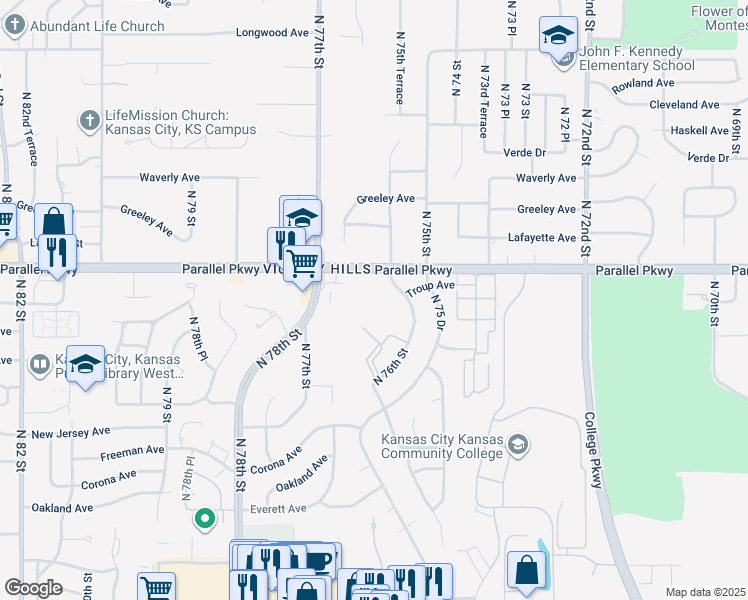 map of restaurants, bars, coffee shops, grocery stores, and more near 7601 Parallel Parkway in Kansas City