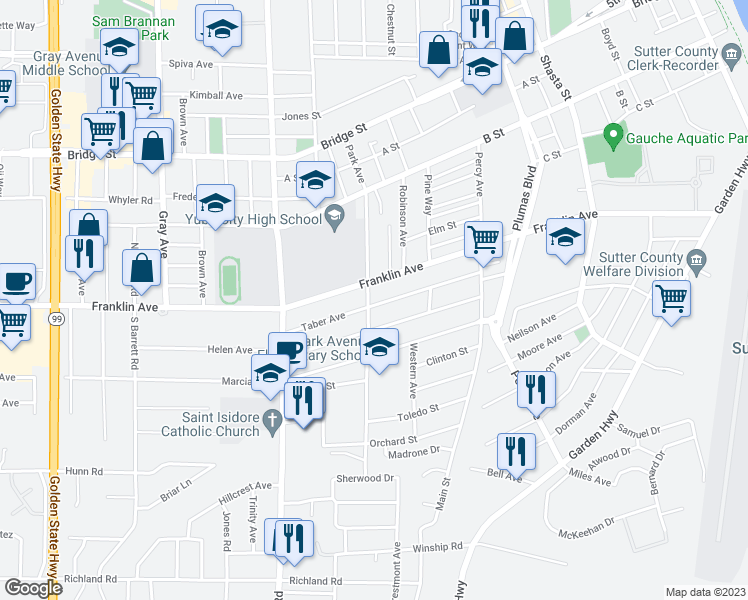 map of restaurants, bars, coffee shops, grocery stores, and more near 817 Taber Avenue in Yuba City