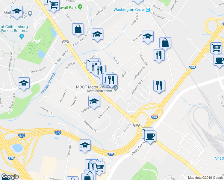 map of restaurants, bars, coffee shops, grocery stores, and more near 16515 South Frederick Avenue in Gaithersburg