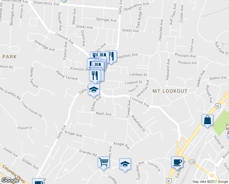 map of restaurants, bars, coffee shops, grocery stores, and more near 2910 Van Dyke Drive in Cincinnati