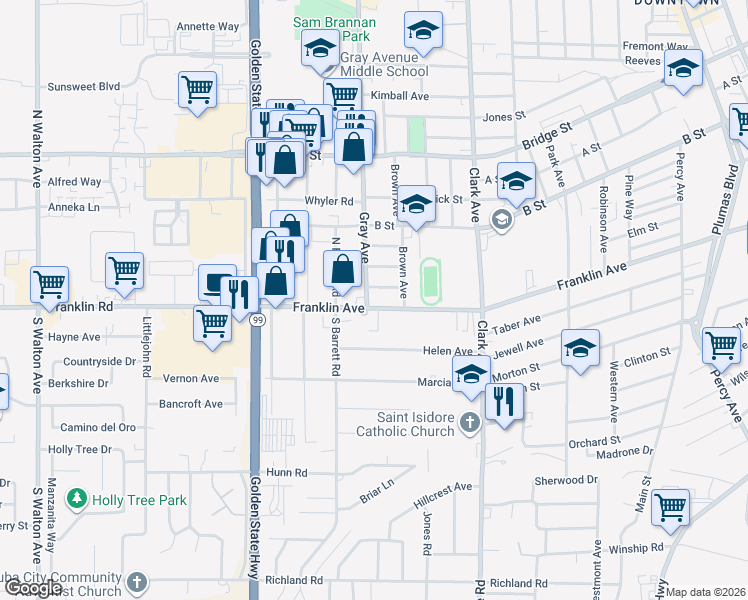 map of restaurants, bars, coffee shops, grocery stores, and more near 467 Gray Avenue in Yuba City