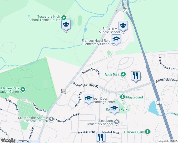 map of restaurants, bars, coffee shops, grocery stores, and more near 701 Chimney Court Northeast in Leesburg