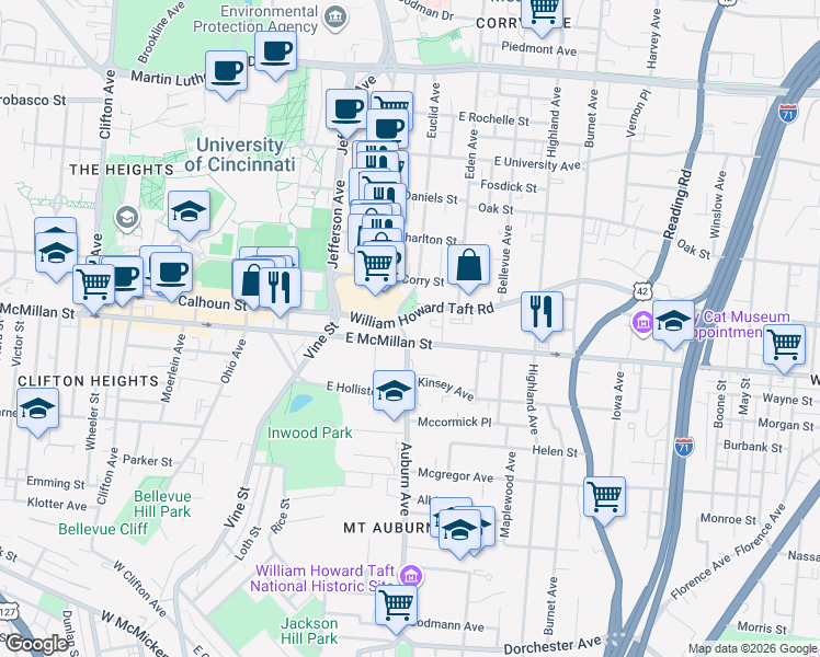 map of restaurants, bars, coffee shops, grocery stores, and more near 2508 Auburn Avenue in Cincinnati