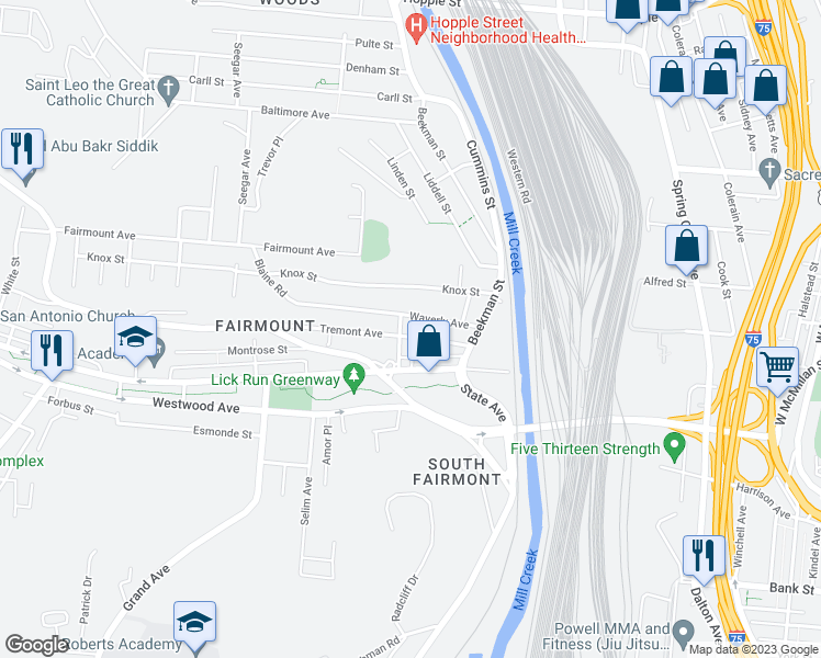 map of restaurants, bars, coffee shops, grocery stores, and more near 1550 Tremont Street in Cincinnati