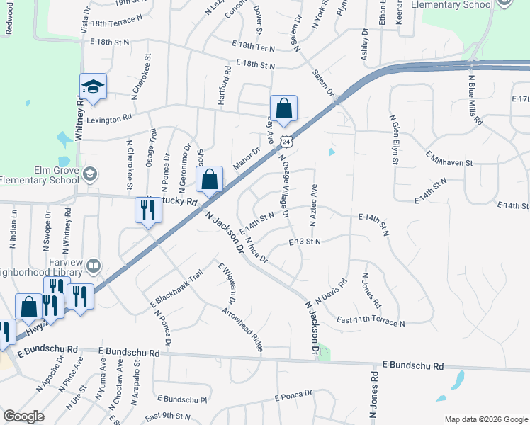 map of restaurants, bars, coffee shops, grocery stores, and more near 19104 East 14th Street North in Independence