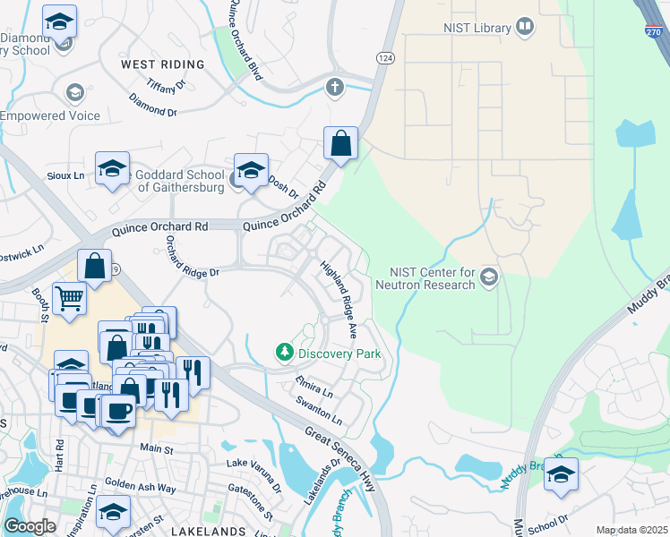 map of restaurants, bars, coffee shops, grocery stores, and more near 307 Highland Ridge Avenue in Gaithersburg