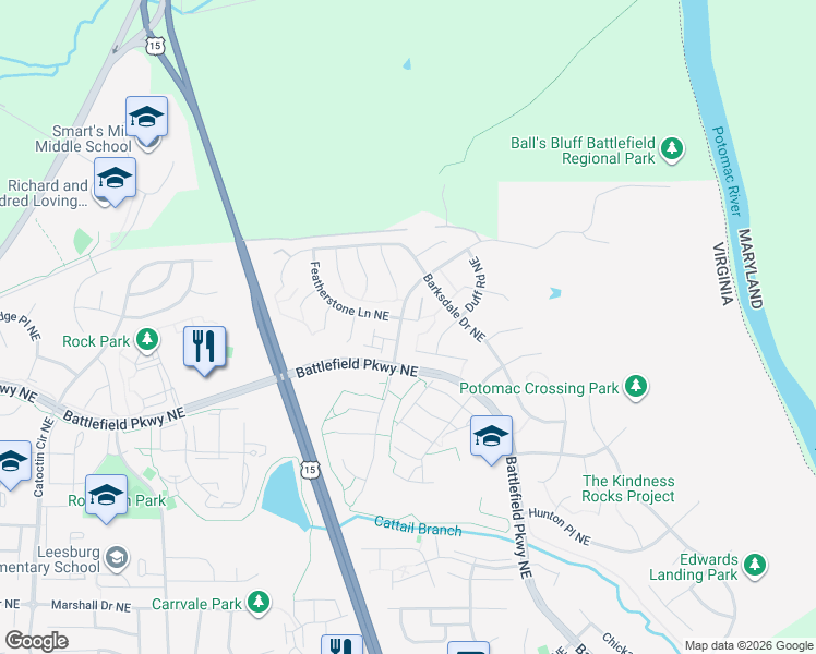 map of restaurants, bars, coffee shops, grocery stores, and more near 1301 Featherstone Lane Northeast in Leesburg