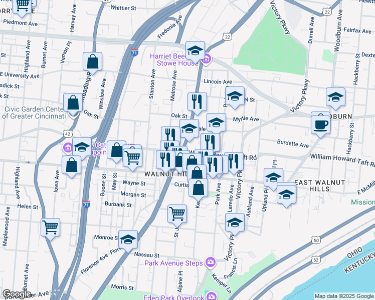 map of restaurants, bars, coffee shops, grocery stores, and more near 2614 Gilbert Avenue in Cincinnati
