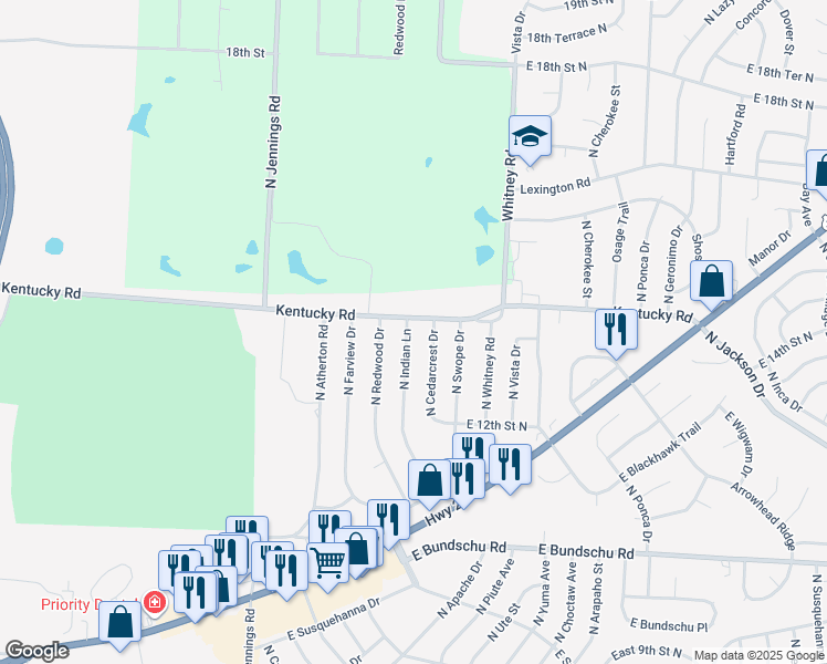 map of restaurants, bars, coffee shops, grocery stores, and more near 1311 North Indian Lane in Independence
