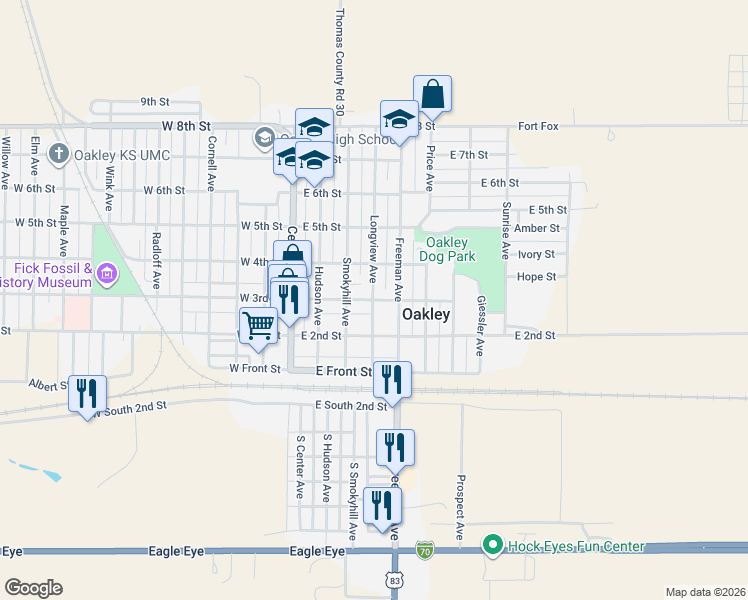map of restaurants, bars, coffee shops, grocery stores, and more near 401 East 3rd Street in Oakley