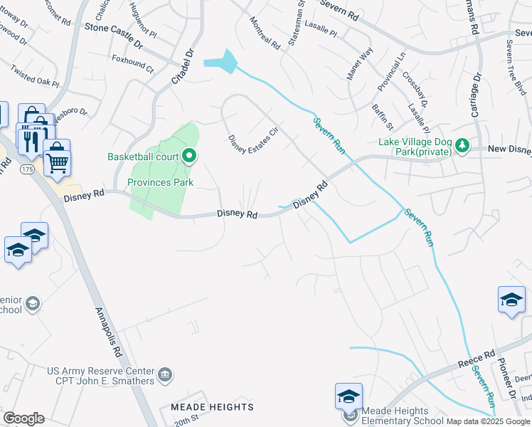 map of restaurants, bars, coffee shops, grocery stores, and more near 1666 Disney Road in Severn