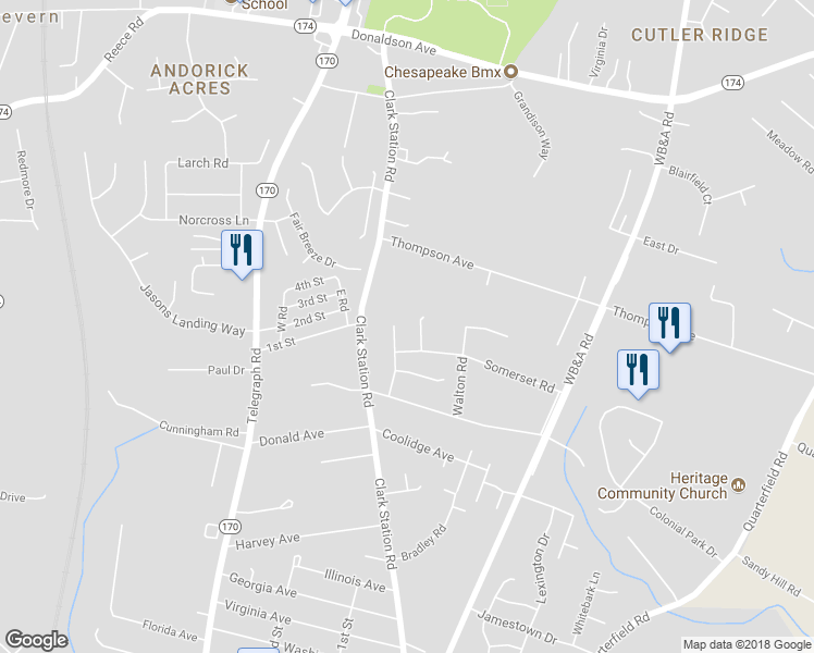map of restaurants, bars, coffee shops, grocery stores, and more near 7906 Tressel Court in Severn