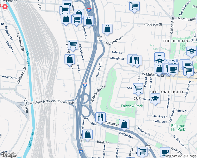 map of restaurants, bars, coffee shops, grocery stores, and more near 1011 Eliza Street in Cincinnati