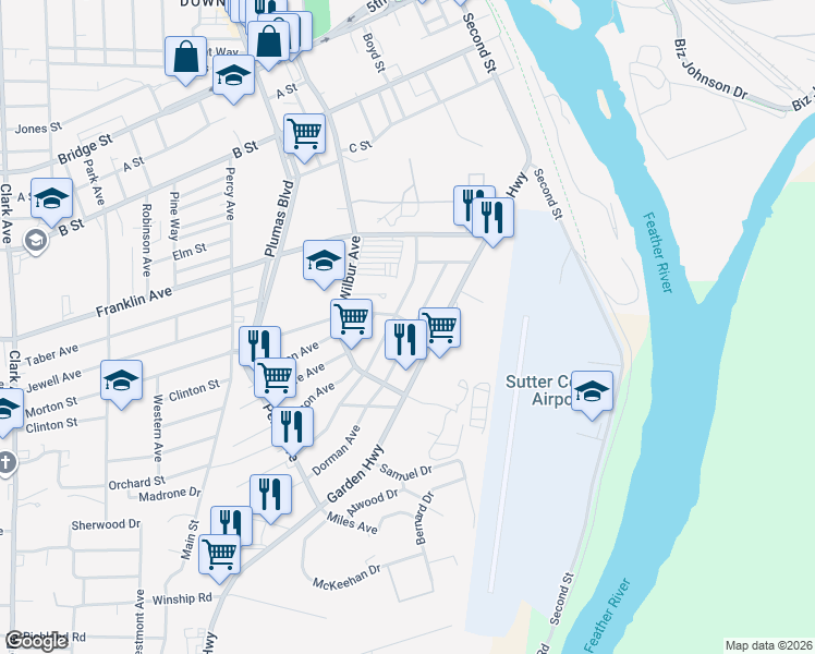 map of restaurants, bars, coffee shops, grocery stores, and more near 130 Del Monte Avenue in Yuba City