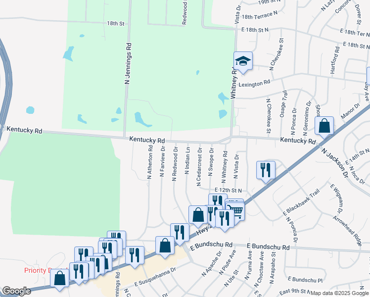 map of restaurants, bars, coffee shops, grocery stores, and more near 1311 North Indian Lane in Independence